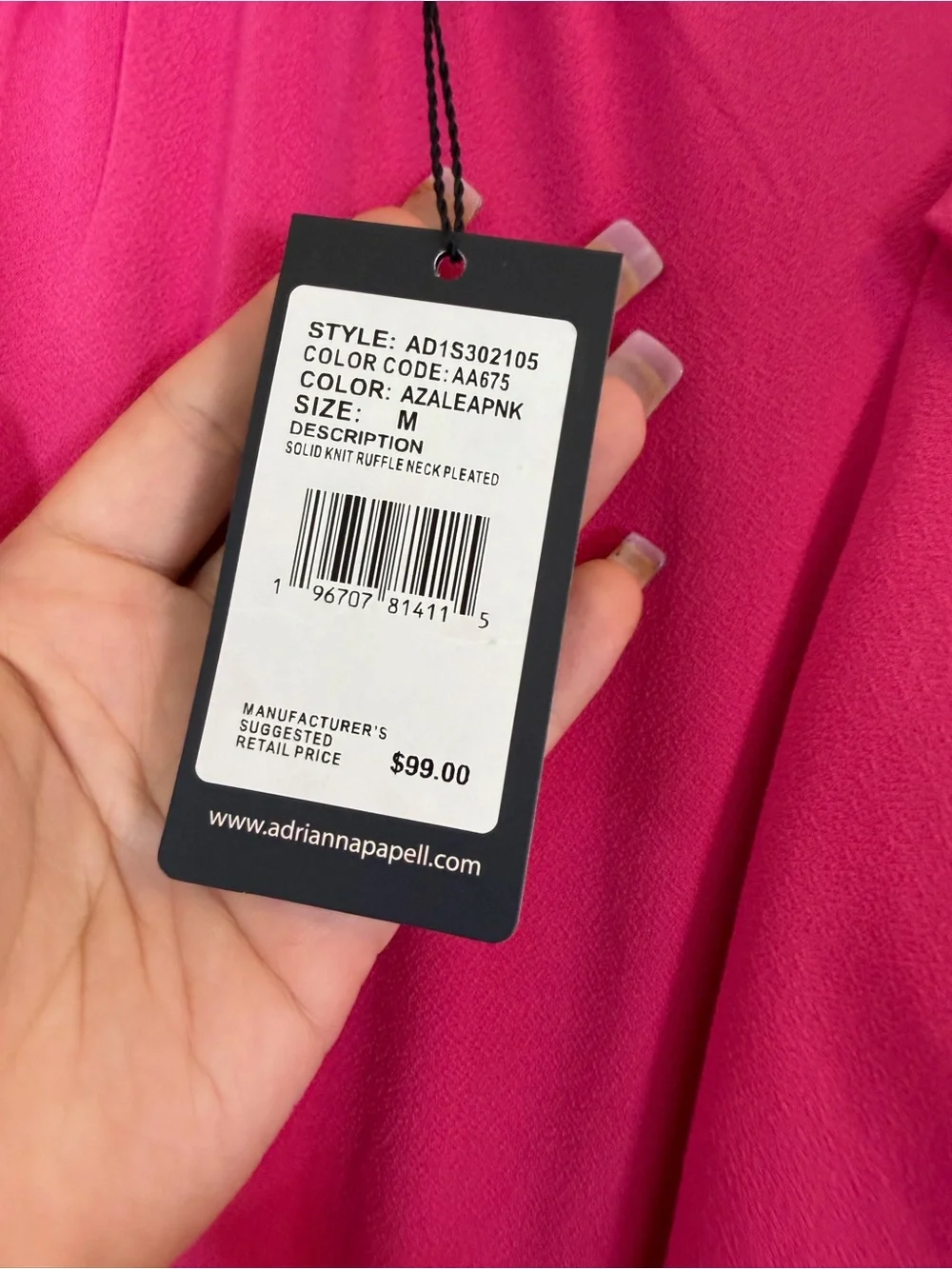 Adrianna Papell Azalea Pink Ruffle Neck Pleated Dress Size Medium NWT